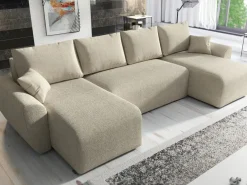 Narożniki></noscript>IZABELLA MEBLE Beżowa kanapa narożna boucle z funkcją spania ROTTERDAM U