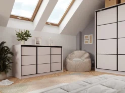 Komody></noscript>BROMARKT Beżowa komoda 160 cm do sypialni z drążkami i szufladami LOFT beż piaskowy