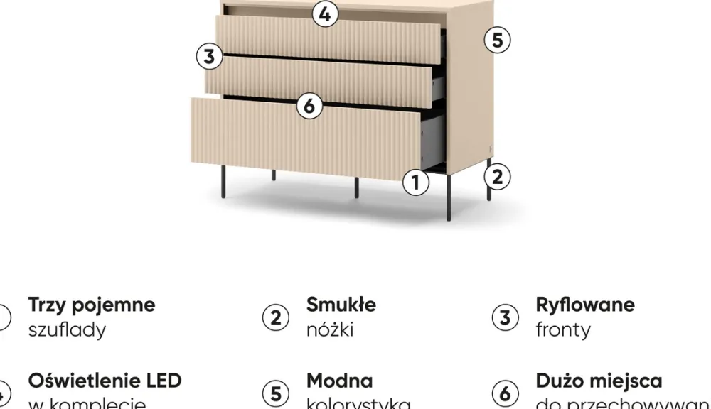 Zestawy Mebli Do Salonu|Komody>lenart. Beżowa komoda do sypialni salonu 104cm z szufladami oświetlenie TREND