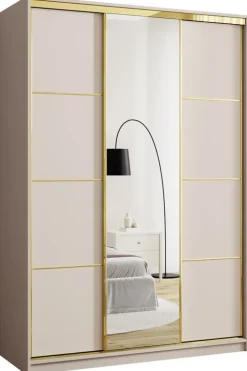 Zestawy Mebli Do Przedpokoju|Szafy Trzydrzwiowe>BROMARKT Beżowa nowoczesna szafa przesuwna z lustrem 150 cm GOLD NEW beż piaskowy