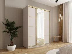 Zestawy Mebli Do Przedpokoju|Szafy Trzydrzwiowe></noscript>BROMARKT Beżowa nowoczesna szafa przesuwna z lustrem 150 cm GOLD NEW beż piaskowy