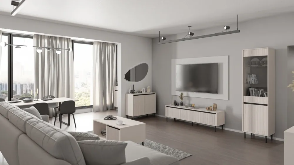 Zestawy Mebli Do Salonu|Witryny>Lempert Beżowa nowoczesna witryna do salonu 56 cm na nóżkach OMEGA beż piaskowy