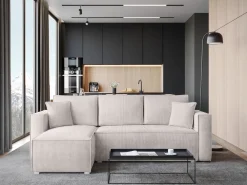 Meble Dla Dzieci|Meble Młodzieżowe></noscript>BROMARKT Beżowa rozkładana kanapa narożna do salonu TOP sztruks