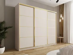 Zestawy Mebli Do Przedpokoju|Szafy Trzydrzwiowe></noscript>BROMARKT Beżowa szafa przesuwna 250 cm z szufladami GOLD NEW beż piaskowy
