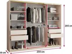 Zestawy Mebli Do Przedpokoju|Szafy Trzydrzwiowe></noscript>BROMARKT Beżowa szafa przesuwna 250 cm z szufladami GOLD NEW beż piaskowy