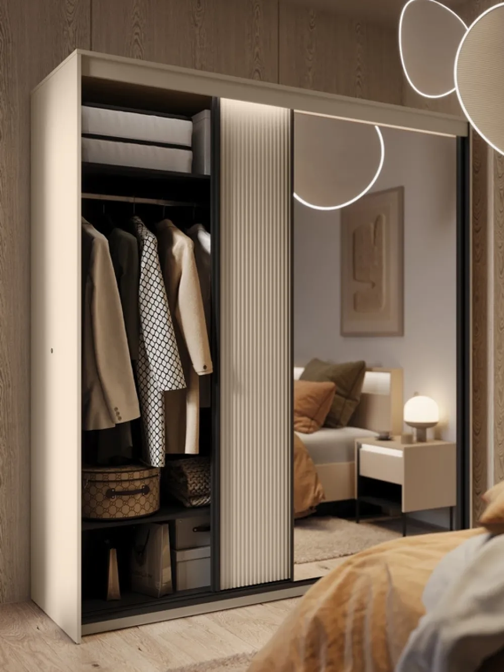 Zestawy Mebli Do Sypialni|Szafy Dwudrzwiowe>lenart. Beżowa szafa przesuwna 200cm z lustrem dwudrzwiowa oświetlenie