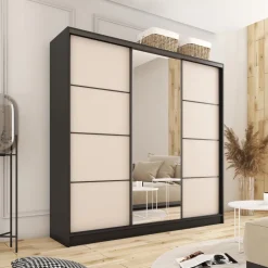 Zestawy Mebli Do Przedpokoju|Szafy Trzydrzwiowe></noscript>BROMARKT Beżowa szafa przesuwna z lustrem 250 cm do sypialni LOFT MAX