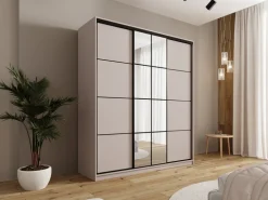 Szafy Trzydrzwiowe|Szafy Do Przedpokoju></noscript>BROMARKT Beżowa szafa przesuwna z lustrem 180 cm do sypialni EDGE beż piaskowy