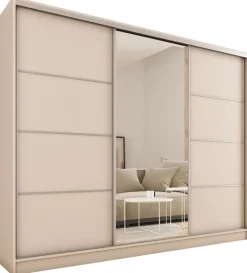 Szafy Trzydrzwiowe|Szafy Do Przedpokoju>BROMARKT Beżowa szafa przesuwna z lustrem do sypialni 250 cm TOP beż piaskowy