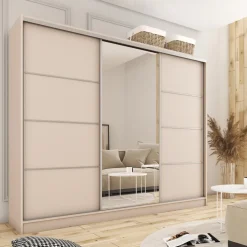 Szafy Trzydrzwiowe|Szafy Do Przedpokoju></noscript>BROMARKT Beżowa szafa przesuwna z lustrem do sypialni 250 cm TOP beż piaskowy