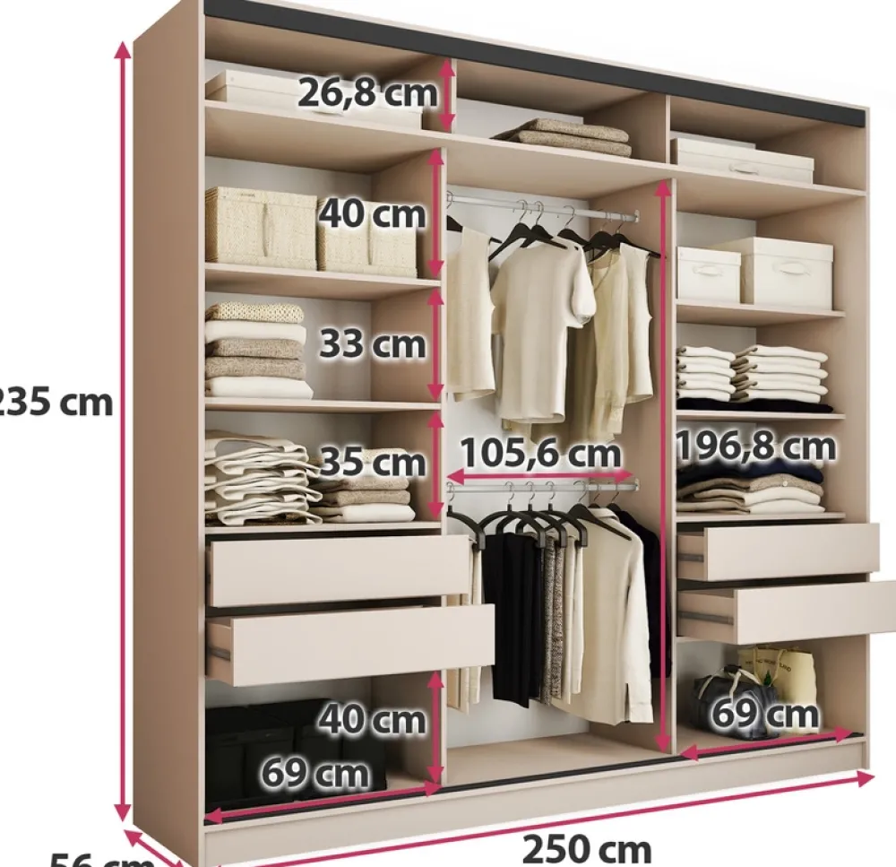Szafy Trzydrzwiowe|Szafy Do Przedpokoju>BROMARKT Beżowa szafa przesuwna z lustrem 250 cm do sypialni LOFT MAX beż piaskowy