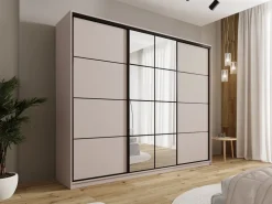 Zestawy Mebli Do Przedpokoju|Szafy Trzydrzwiowe></noscript>BROMARKT Beżowa szafa przesuwna z lustrem 250 cm do sypialni EDGE beż piaskowy
