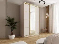 Zestawy Mebli Do Przedpokoju|Szafy Trzydrzwiowe></noscript>BROMARKT Beżowa szafa przesuwna z lustrem 150 cm GOLD NEW MAX beż piaskowy