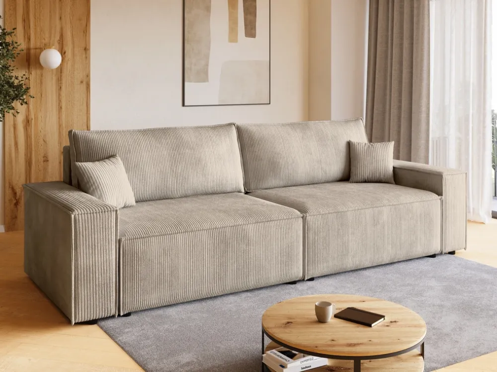 Kanapy I Sofy>BROMARKT Beżowa sztruksowa kanapa z funkcją spania i pojemnikiem na pościel ADI