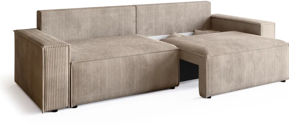 Kanapy I Sofy>BROMARKT Beżowa sztruksowa kanapa z funkcją spania i pojemnikiem na pościel ADI