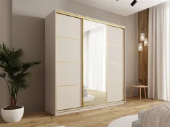 Zestawy Mebli Do Przedpokoju|Szafy Trzydrzwiowe></noscript>BROMARKT Beżowa trzydrzwiowa szafa przesuwna z lustrem 200 cm GOLD NEW beż piaskowy