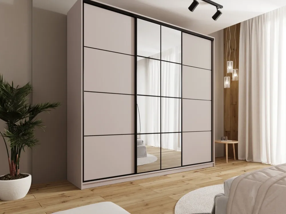 Zestawy Mebli Do Przedpokoju|Szafy Trzydrzwiowe>BROMARKT Beżowa wysoka szafa przesuwna z lustrem 250 cm EDGE MAX beż piaskowy