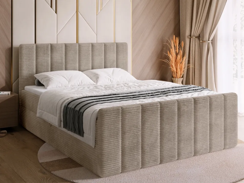 Meble Młodzieżowe|Łóżka Młodzieżowe>BROMARKT Beżowe łóżko sztruksowe kontynentalne 140x200 cm z pojemnikiem DENVER DUO