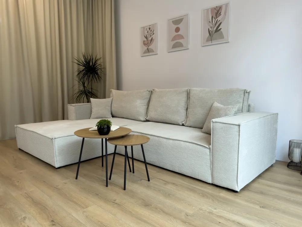 Meble Dla Dzieci|Meble Młodzieżowe>BROMARKT Beżowy narożnik do salonu z funkcją spania i pojemnikiem sztruksowy PABLO