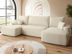 Narożniki></noscript>BROMARKT Beżowy narożnik do salonu z funkcją spania i pojemnikiem CARMELLO U