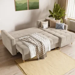 Meble Dla Dzieci|Meble Młodzieżowe>BROMARKT Beżowy narożnik z funkcją spania i pojemnikiem na pościel LIZBONA