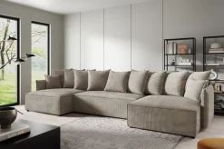 Narożniki></noscript>BROMARKT Beżowy rozkładany narożnik U z funkcją spania do salonu ARTUR