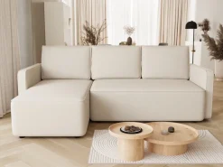 Meble Dla Dzieci|Meble Młodzieżowe></noscript>BROMARKT Beżowy welurowy narożnik z funkcją spania do salonu QULIO