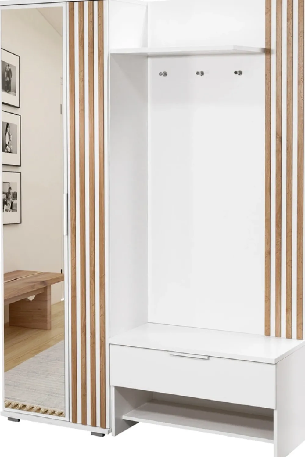Garderoby|Zestawy Mebli Do Przedpokoju>Stolar Biała garderoba z lamelami i lustrem 140 cm MONTE