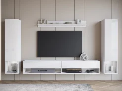 Meblościanki></noscript>BRATEX Biała meblościanka do salonu z szafką RTV MADERA połysk biały