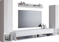 Meblościanki></noscript>BRATEX Biała meblościanka do salonu z szafką RTV MADERA połysk biały