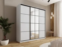 Szafy Trzydrzwiowe|Szafy Do Przedpokoju></noscript>BROMARKT Biała nowoczesna szafa przesuwna z lustrem i półkami 200 cm EDGE biały