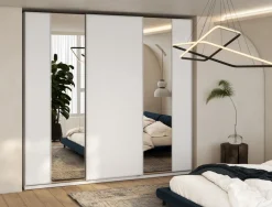 Zestawy Mebli Do Przedpokoju|Szafy Trzydrzwiowe></noscript>lenart. Biała nowoczesna szafa przesuwna z lustrem 220 cm z półkami MAXI