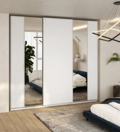 Zestawy Mebli Do Przedpokoju|Szafy Trzydrzwiowe></noscript>lenart. Biała nowoczesna szafa przesuwna z lustrem 220 cm z półkami MAXI
