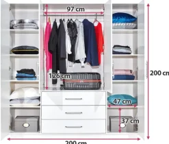 Meble Młodzieżowe|Zestawy Mebli Do Przedpokoju></noscript>Stolar Biała szafa 200 cm z lustrem i szufladami do sypialni BILL biały