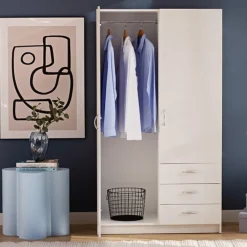 Meble Młodzieżowe|Szafy Dwudrzwiowe></noscript>INTER MEBLE Biała szafa dwudrzwiowa do sypialni z szufladami GENTIO biały