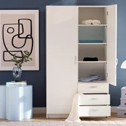 Meble Młodzieżowe|Szafy Dwudrzwiowe></noscript>INTER MEBLE Biała szafa dwudrzwiowa do sypialni z szufladami GENTIO biały