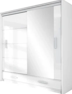 Szafy Dwudrzwiowe|Szafy Z Lustrem>Stolar Biała szafa przesuwna 208 cm z lustrem i półkami MESTRE biały