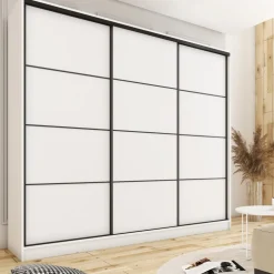 Zestawy Mebli Do Przedpokoju|Szafy Trzydrzwiowe></noscript>BROMARKT Biała szafa przesuwna 250 cm LOFT MAX z półkami i szufladami biały