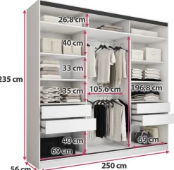 Zestawy Mebli Do Przedpokoju|Szafy Trzydrzwiowe></noscript>BROMARKT Biała szafa przesuwna 250 cm LOFT MAX z półkami i szufladami biały