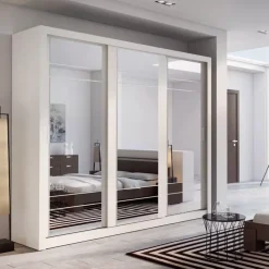 Zestawy Mebli Do Sypialni|Szafy Trzydrzwiowe></noscript>lenart. Biała szafa przesuwna 250 cm z lustrem szuflady półki ARTI biały