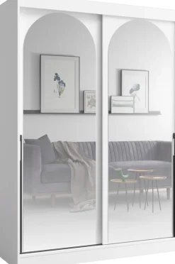 Szafy Młodzieżowe|Szafy Dwudrzwiowe>JUREK Biała szafa przesuwna do sypialni z dwoma lustrami biała 150 cm drzwi przesuwne czarne uchwyty MORIN biały