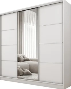 Zestawy Mebli Do Przedpokoju|Szafy Trzydrzwiowe>BROMARKT Biała szafa przesuwna do sypialni z lustrem 180 cm BEST półki