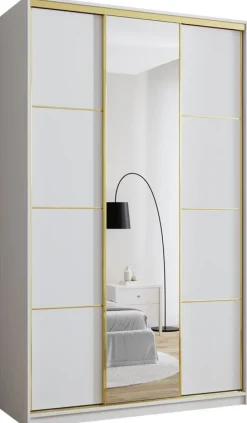 Zestawy Mebli Do Przedpokoju|Szafy Trzydrzwiowe>BROMARKT Biała szafa przesuwna z lustrem 150 cm GOLD NEW MAX biały
