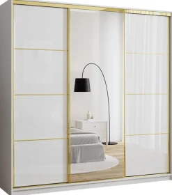 Zestawy Mebli Do Przedpokoju|Szafy Trzydrzwiowe>BROMARKT Biała szafa przesuwna z lustrem 200 cm GOLD połysk biały połysk