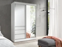 Zestawy Mebli Do Przedpokoju|Szafy Dwudrzwiowe></noscript>JUREK Biała szafa przesuwna z lustrem i szufladami 140 cm HORIZON biały