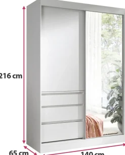 Zestawy Mebli Do Przedpokoju|Szafy Dwudrzwiowe></noscript>JUREK Biała szafa przesuwna z lustrem i szufladami 140 cm HORIZON biały