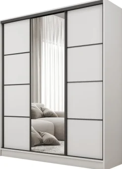 Zestawy Mebli Do Przedpokoju|Szafy Trzydrzwiowe>BROMARKT Biała szafa przesuwna z lustrem 160 cm BEST półki drążki