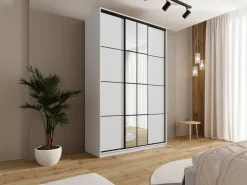 Zestawy Mebli Do Przedpokoju|Szafy Trzydrzwiowe></noscript>BROMARKT Biała szafa przesuwna z lustrem i drążkami 150 cm EDGE MAX biały