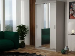 Zestawy Mebli Do Przedpokoju|Szafy Dwudrzwiowe></noscript>Meblohand Biała szafa przesuwna z lustrem 110 cm NASTE półki drążki biały