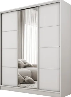 Zestawy Mebli Do Przedpokoju|Szafy Trzydrzwiowe>BROMARKT Biała szafa przesuwna z lustrem 160 cm BEST półki drążki